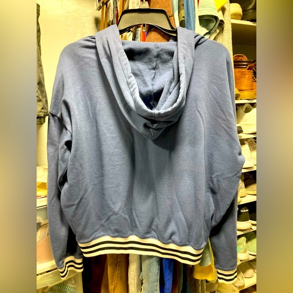Free Press Blue Hooded Pullover With Black and White Striped Hem - Picture 2 of 3